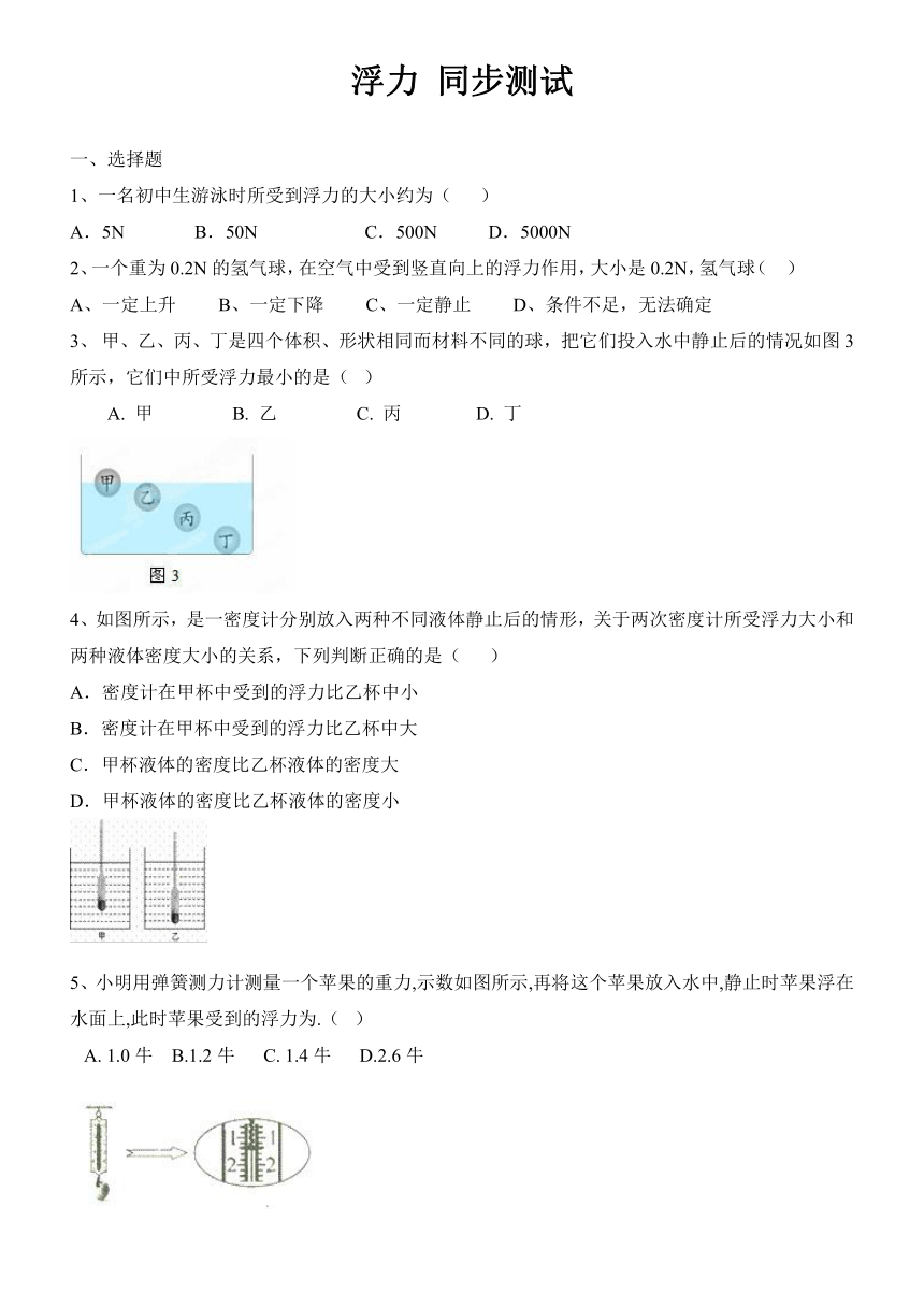 鲁教版（五四制）八年级下册  第八章第一节 浮 力 同步测试(含答案）