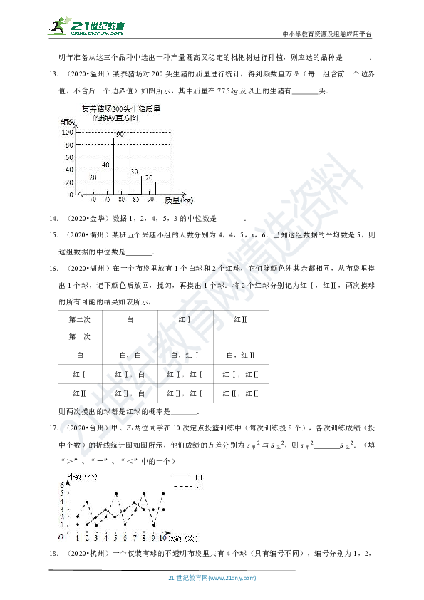 浙江省2020年各地市中考真题汇编 ：统计与概率（含解析）