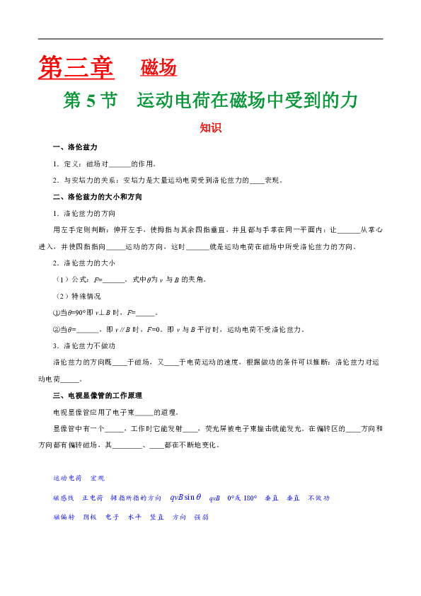 人教版高中物理选修3-1知识讲解，巩固练习（教学资料，补习资料）：专题3.5 运动电荷在磁场中受到的力