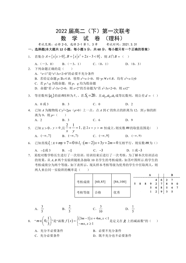 江西省宜春市第九中学2020-2021学年高二下学期第一次联考数学（理）试卷Word含答案