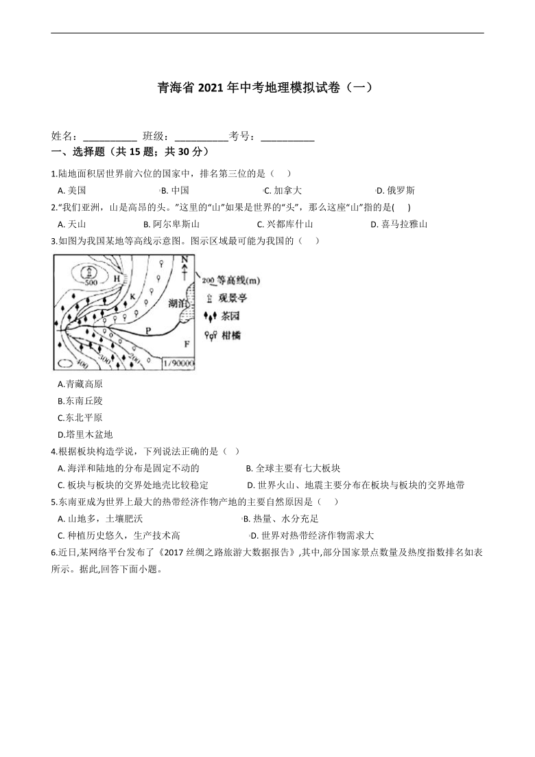 青海省2021年中考地理模拟试卷（一）（Word含答案）