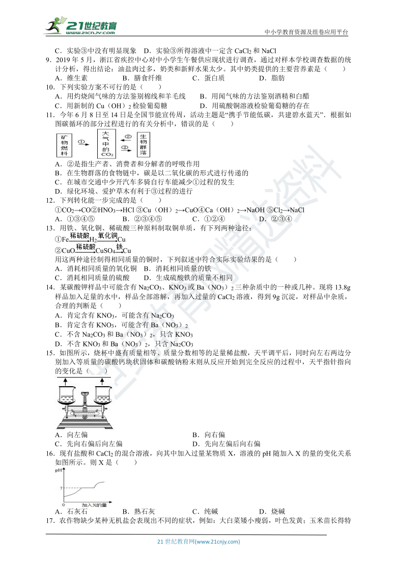 【备考2021】华师大版中考科学三轮冲刺综合练习：化学部分（含解析）