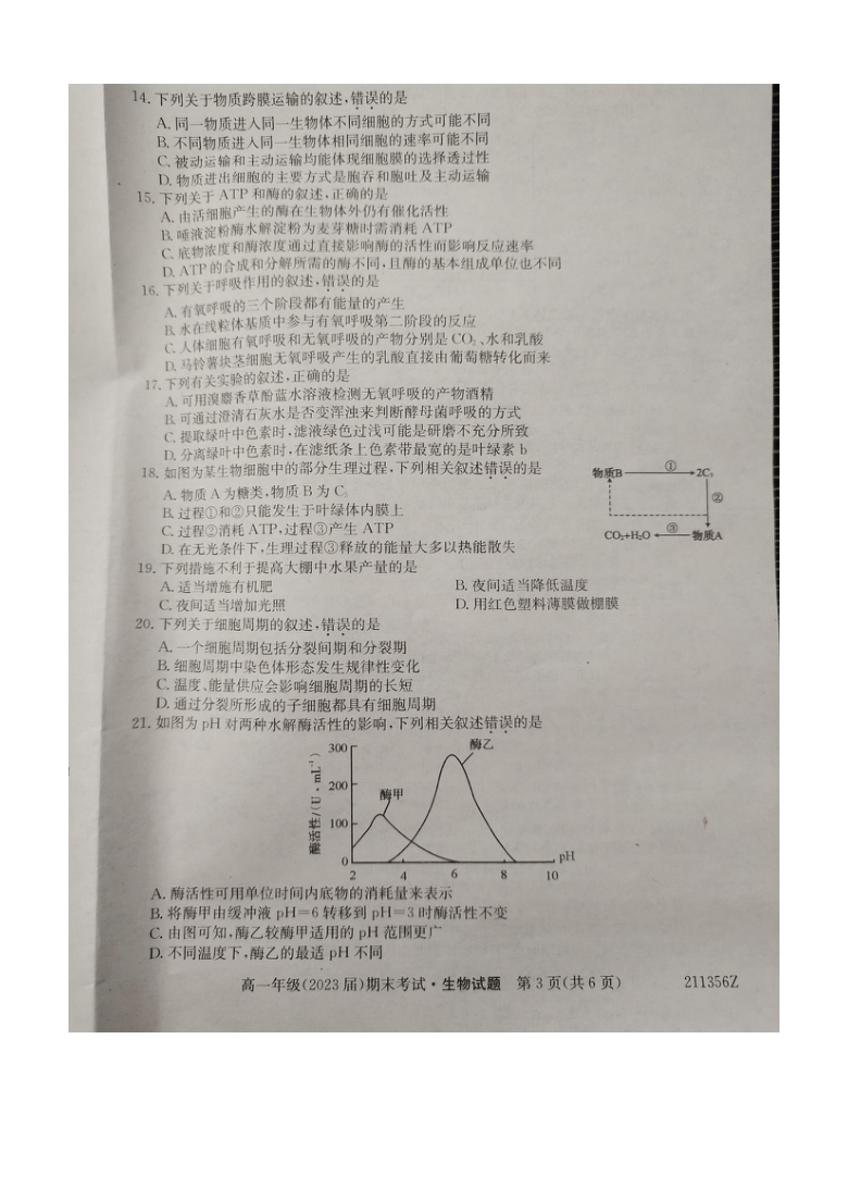 陕西省铜川一中2020-2021学年高一上学期期末考试生物试题 图片版含答案