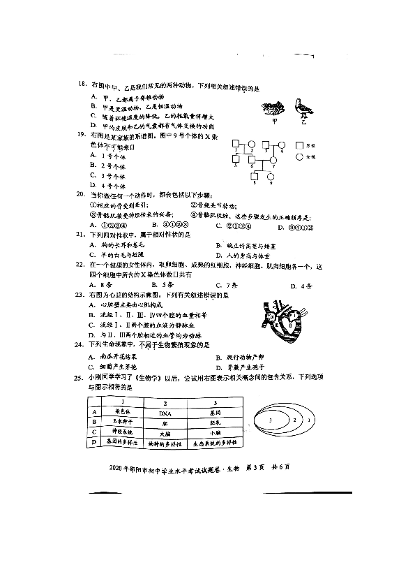 2020年湖南省邵阳市初中学业水平生物考试卷（扫描版，无答案）