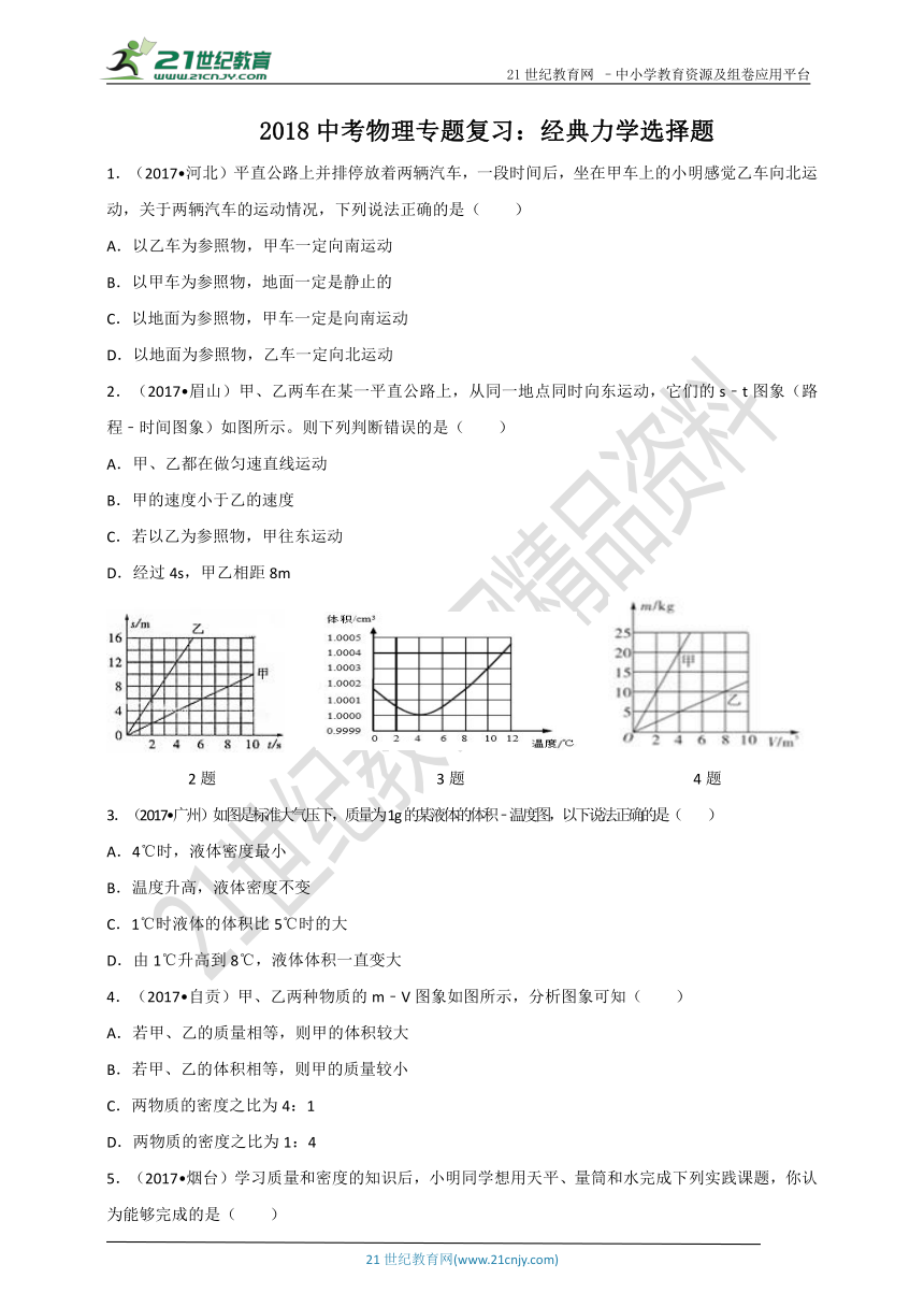 2018中考物理二轮专题突破：经典力学选择题