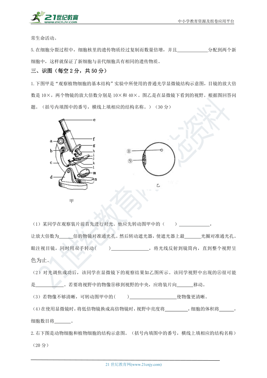 北师大版七年级上册生物 第3章 细胞 本章综合测试