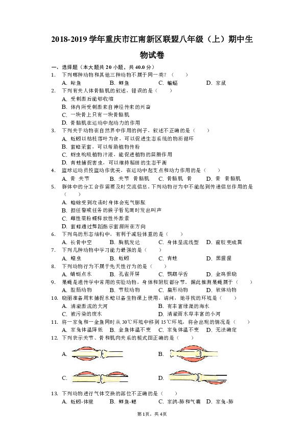 2018-2019学年重庆市江南新区联盟八年级（上）期中生物试卷（解析版）