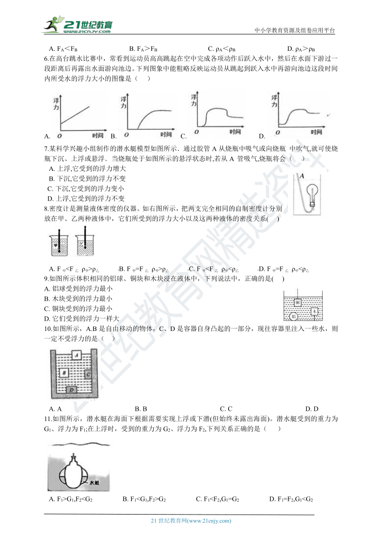 第一章第3节 水的浮力同步练习 含解析（中等难度）