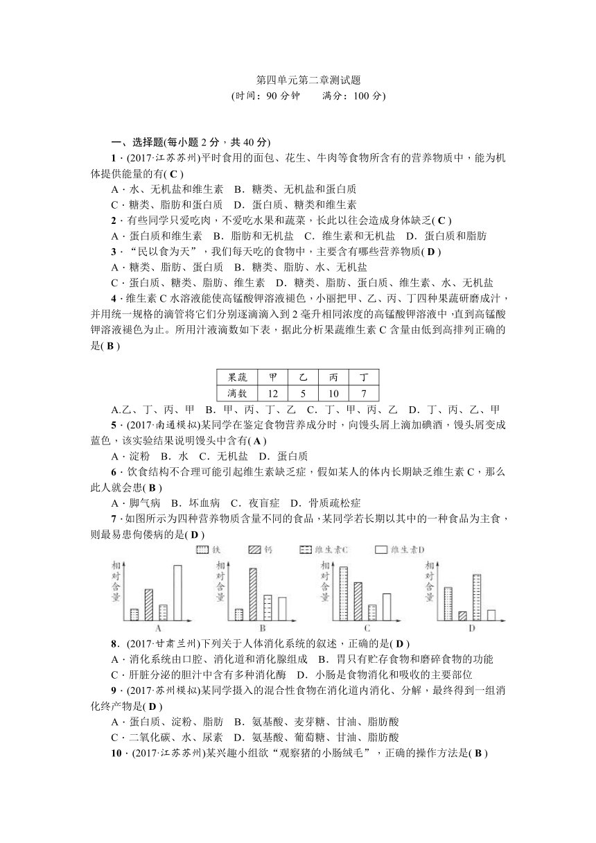 生物人教版七年级下册第二章测试题