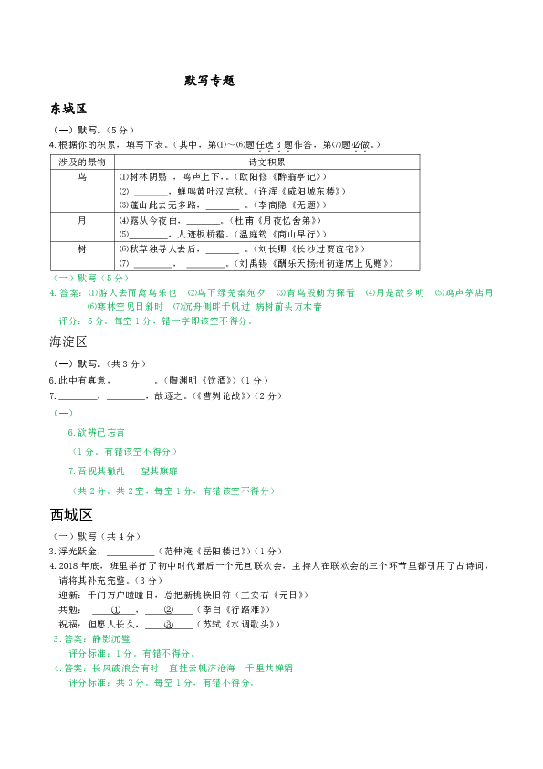 北京市15区2019届九年级上学期期末语文试卷分类汇编： 默写专题