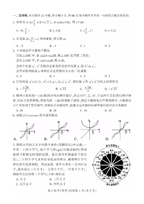 湖南省郴州市2020届高三第一次教学质量监测（一模）数学（理科）试卷及答案（2019年12月）