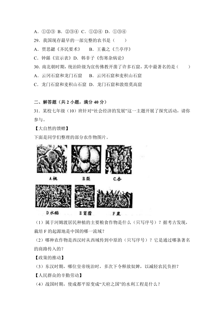 天津市红桥区2016-2017学年七年级（上）期末历史试卷（解析版）