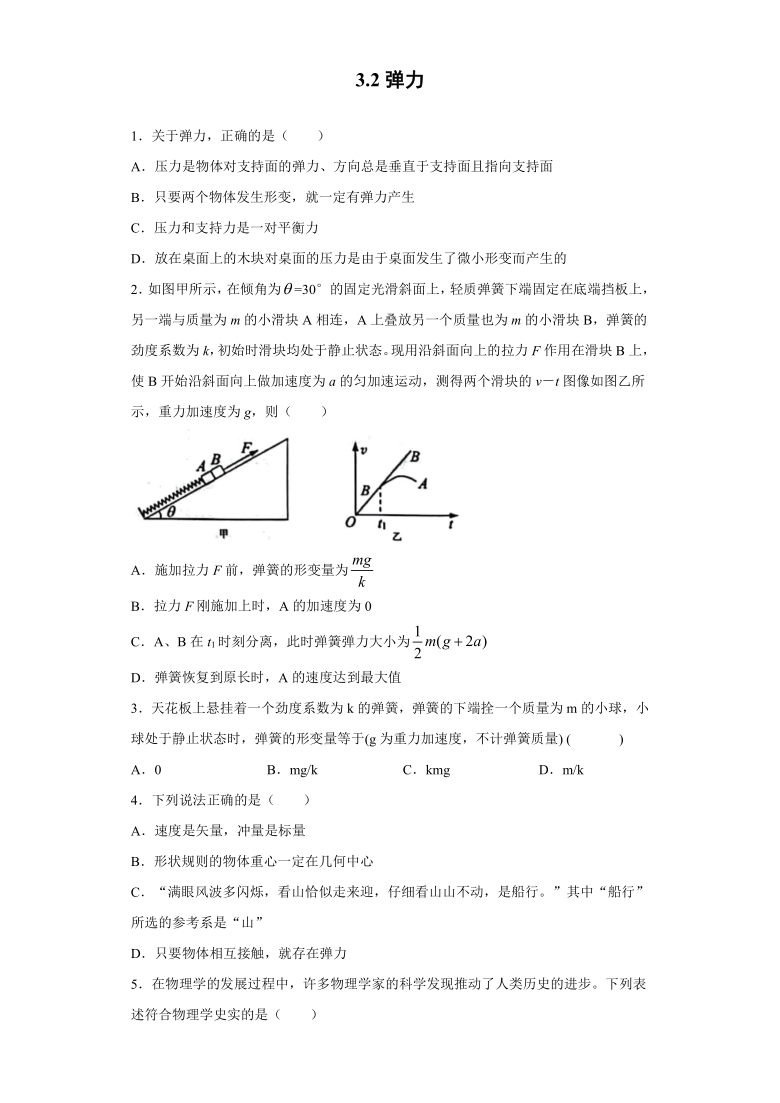 上海市甘泉高中2020—2021学年高中物理沪科版（2019）必修第一册：3.2弹力 学业测评（含解析）