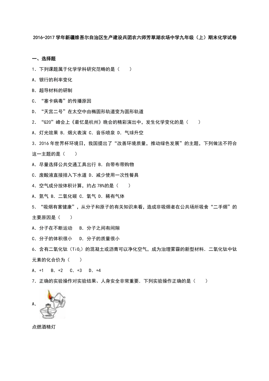 新疆维吾尔自治区生产建设兵团农六师芳草湖农场中学2016-2017学年九年级（上）期末化学试卷（解析版）