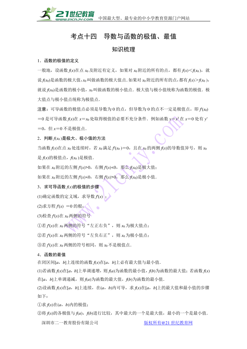 2018届高考艺体生文化课复习讲义（理数）：考点14 导数与函数的极值、最值