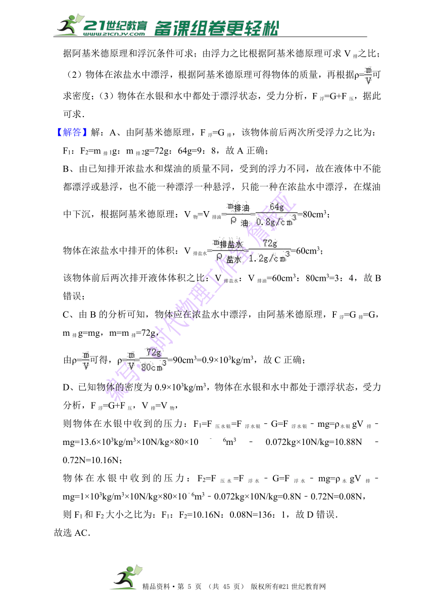 2017年中考物理分类汇编（第一辑 60套 精编解析版） 第10章 浮力（解析版）