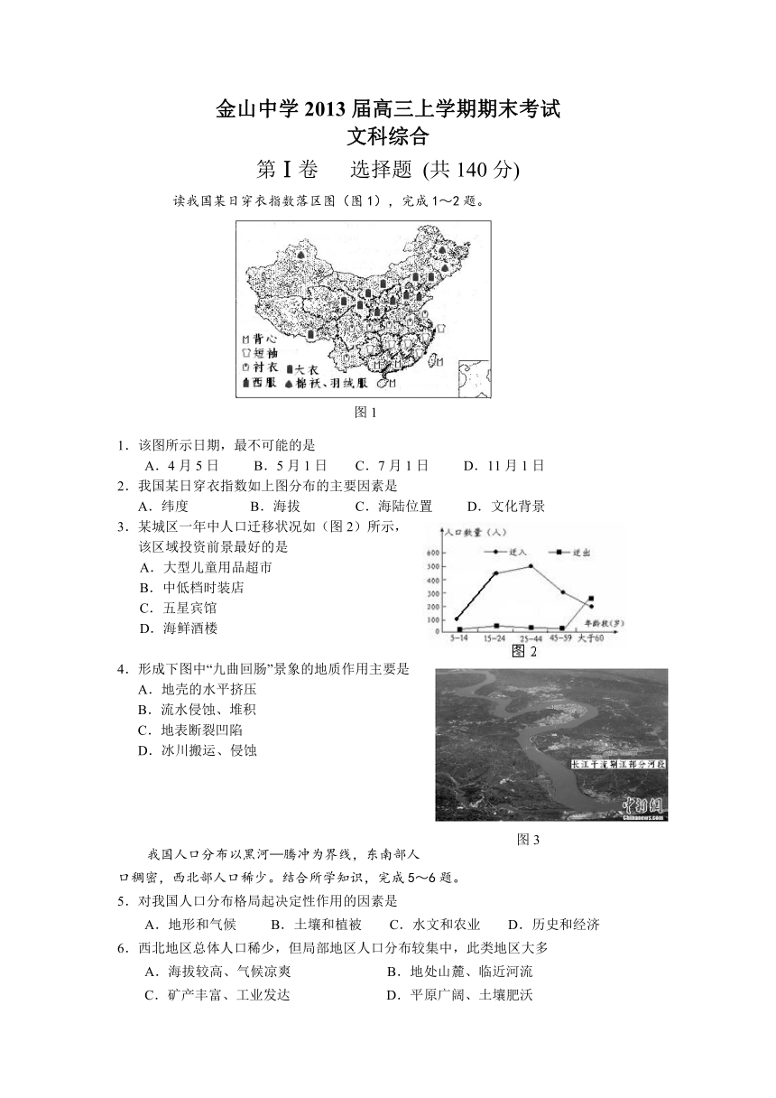 （文综）金山中学2013届高三上学期期末考试