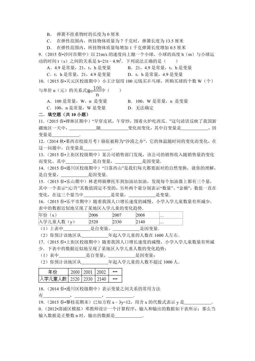 鲁教版六年级数学下册第9章9.1用表格表示变量之间的关系同步测试题（含答案）