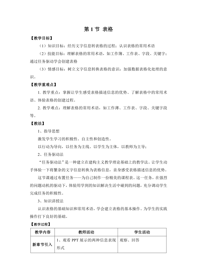 新世纪版（2018）七下信息技术 1.1表格 教案