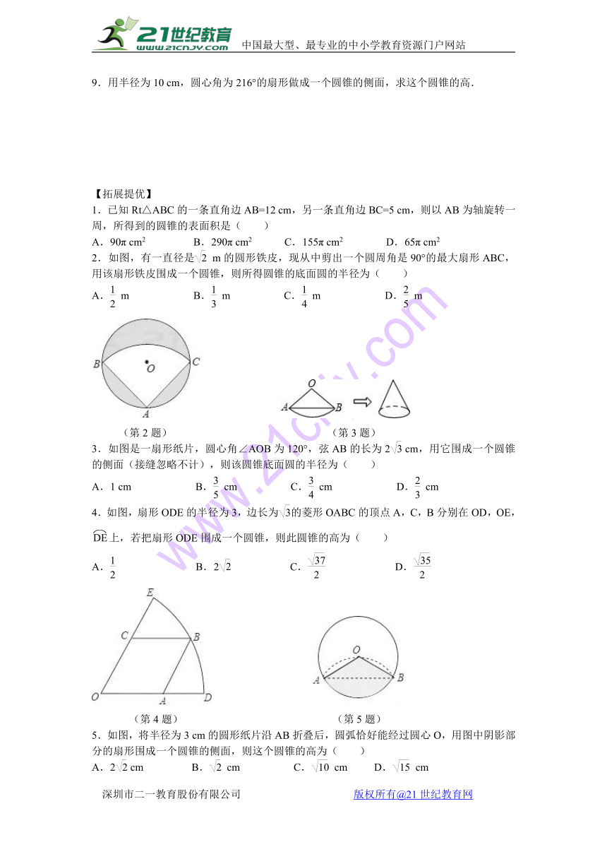 2.8 圆锥的侧面积 同步练习（含简略答案）