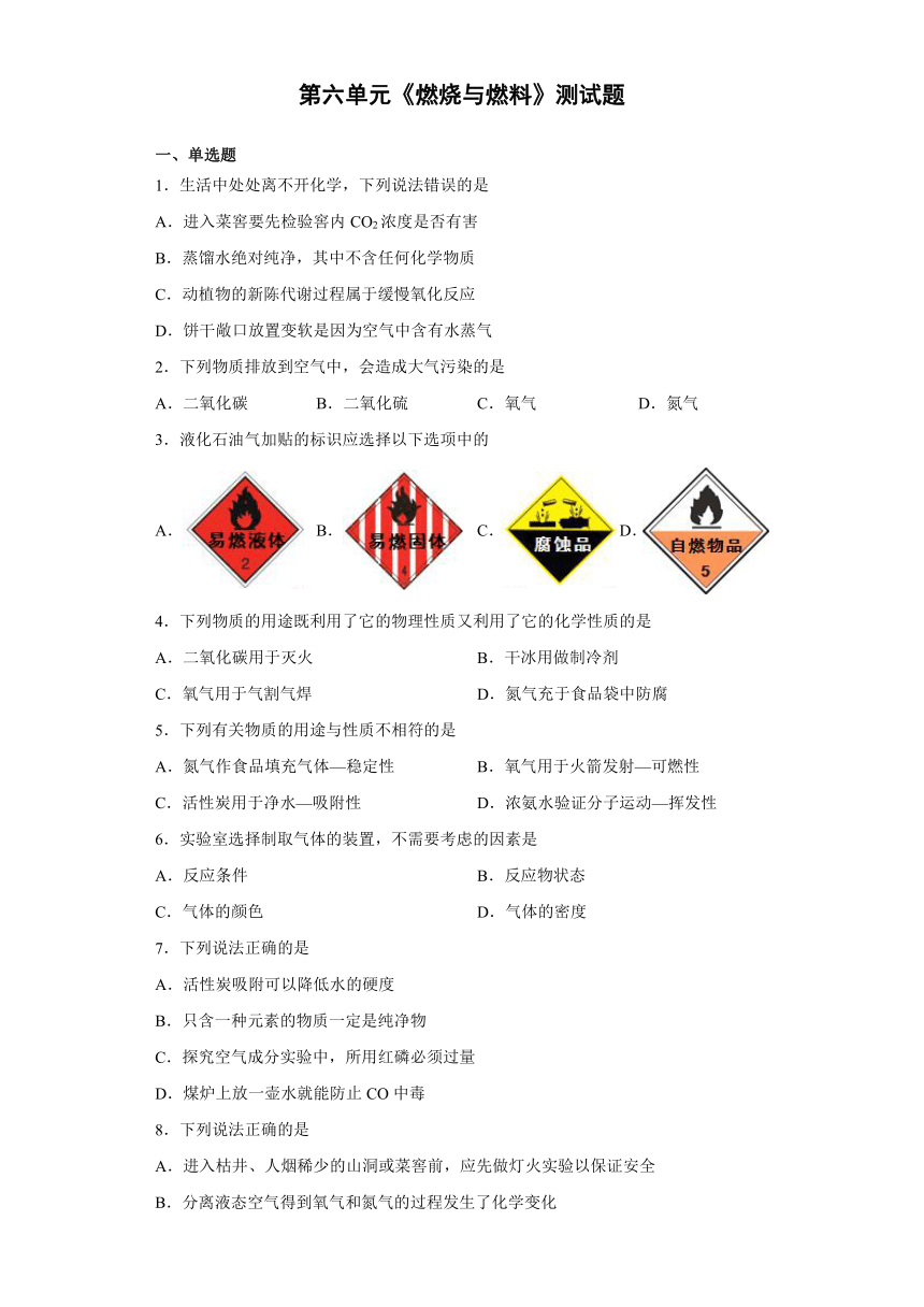 第六单元燃烧与燃料测试题--2021-2022学年九年级化学鲁教版上册（有答案）