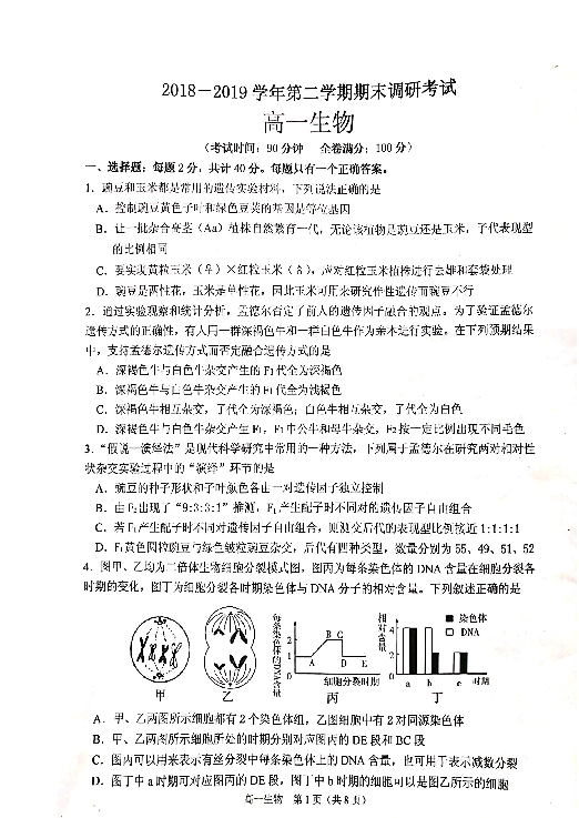 河南省平顶山市2018-2019学年高一下学期期末调研考试生物试题 扫描版