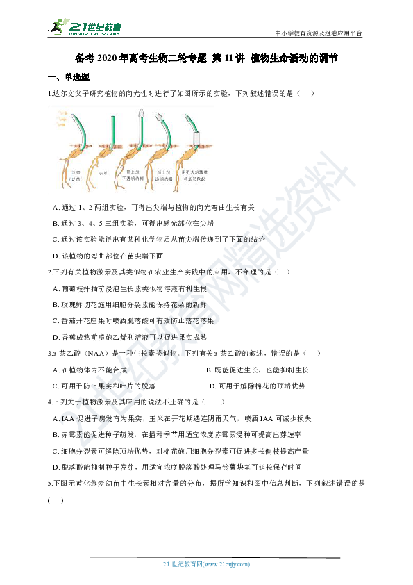 备考2020年高考生物二轮专题 第11讲 植物生命活动的调节（含解析）