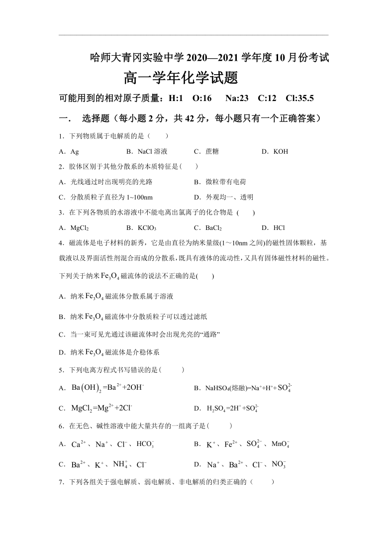 黑龙江省哈师大青冈实验中学2020-2021学年高一（英才、卓越）10月月考化学试题 Word版含答案