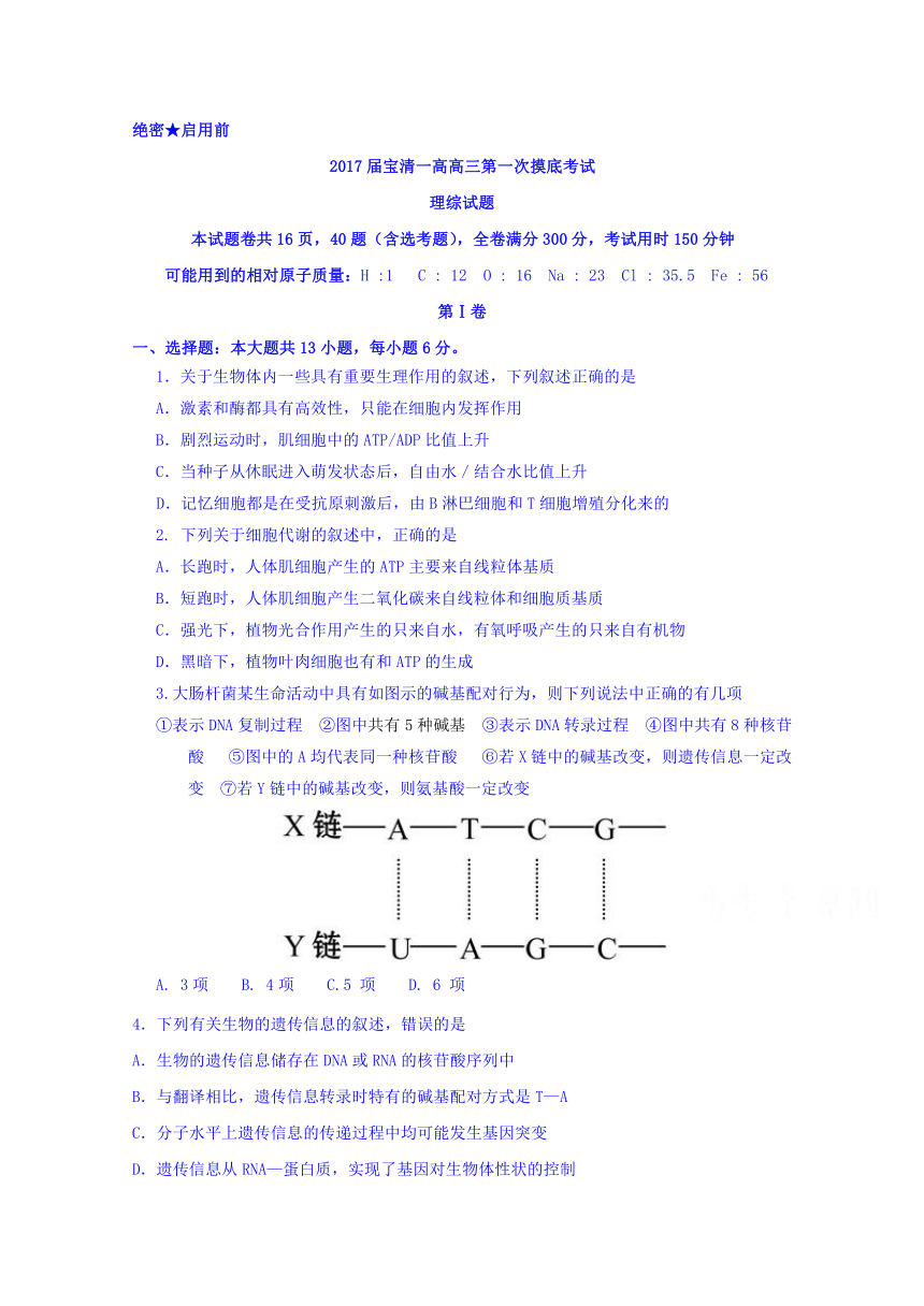 黑龙江省宝清县第一高级中学2017届高三下学期第一次模拟考试理科综合试题 Word版含答案