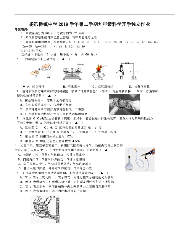 浙江省绍兴市杨汛桥镇中学2019学年第二学期九年级科学开学独立作业