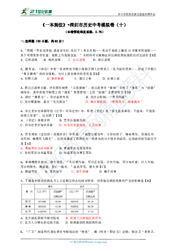 【备考2020】深圳市历史中考模拟10  0.76（难度系数）