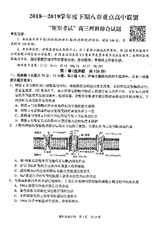 河南省八市重点高中联盟“领军考试”2019届高三第三次测评试题 理科综合（扫描版）