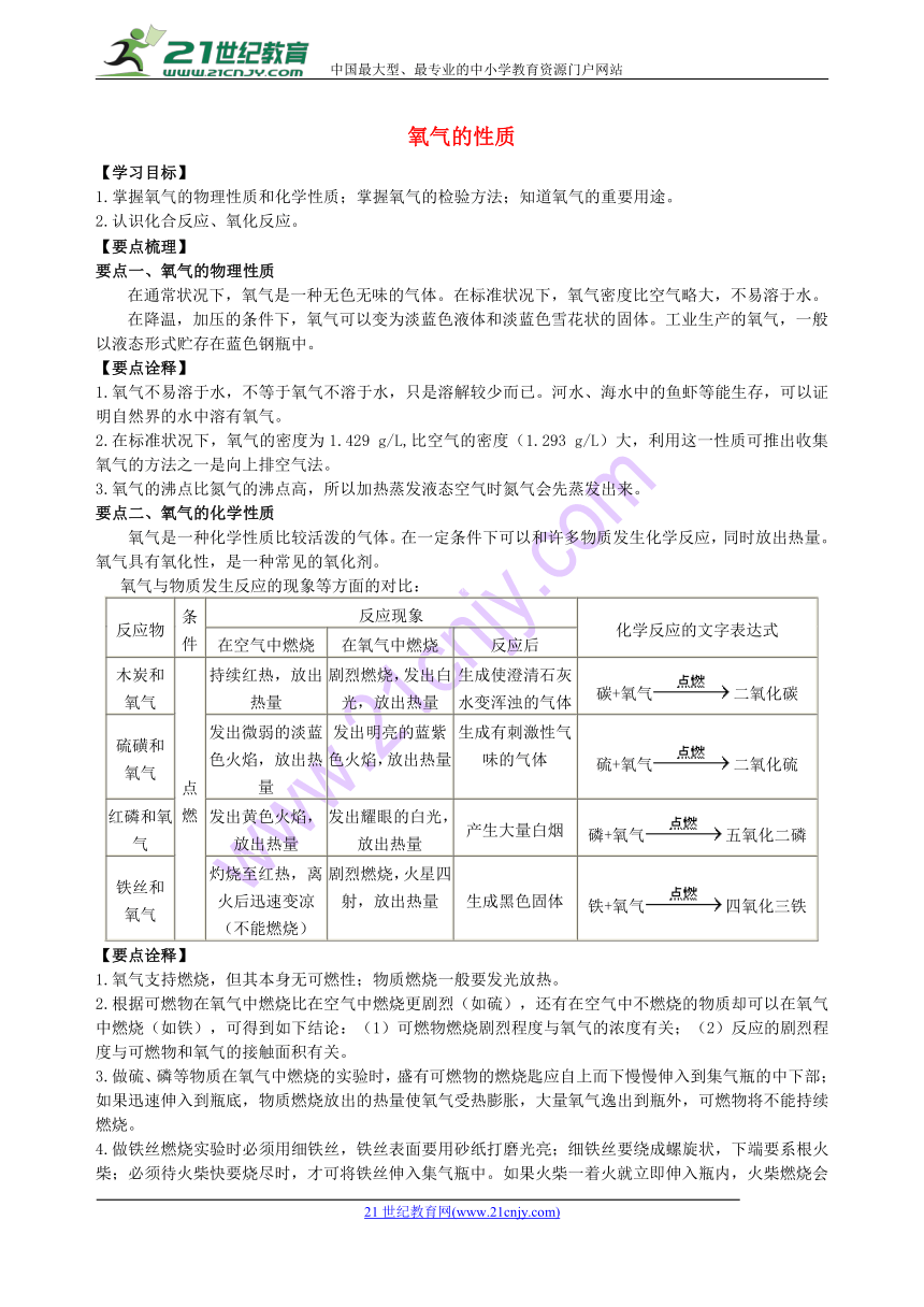 2018学年度九年级化学上册《氧气的性质》知识点归纳例题导析（含解析）（新版）新人教版