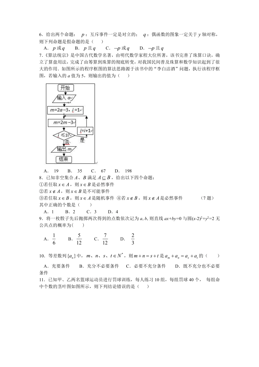 吉林省长春汽车经济开发区第六中学2018-2019学年高二上学期第一次月考数学（文）试卷