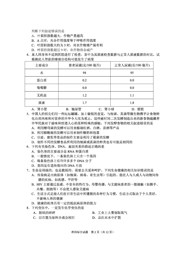 随州市2019初中毕业升学考试理科综合试卷（PDF版，无答案）