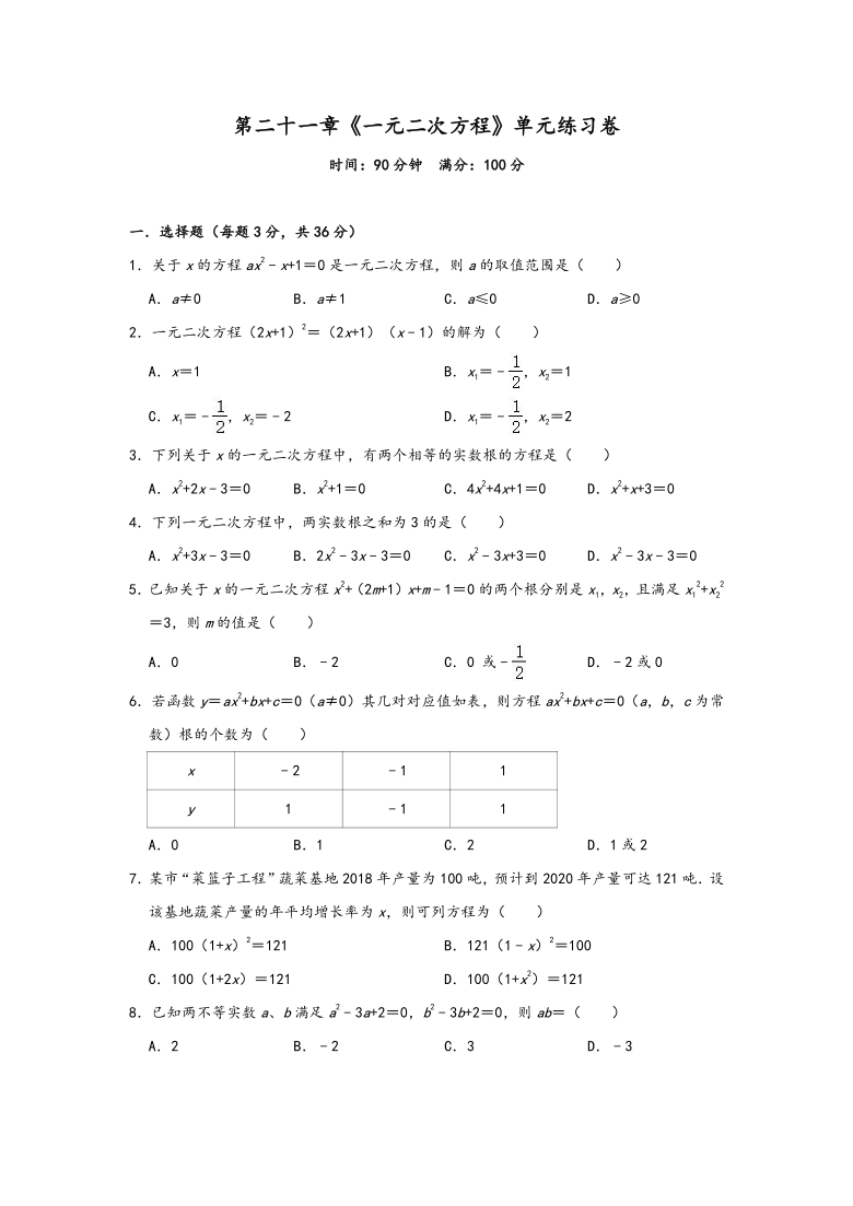 人教版九年级数学上册 第二十一章《一元二次方程》单元练习卷（Word版 含解析）