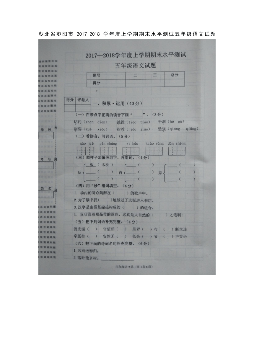 湖北省枣阳市2017-2018学年度上学期期末水平测试五年级语文试题（扫描版无答案）
