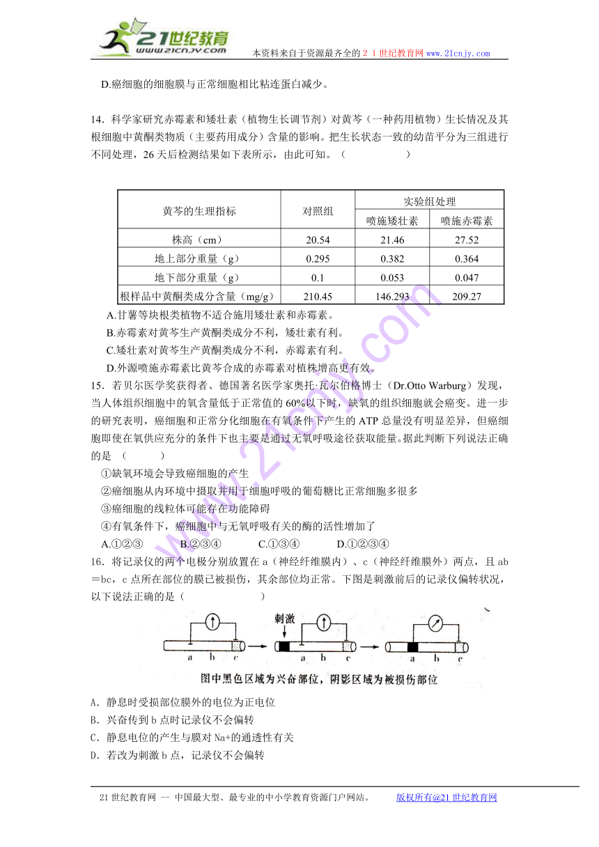 湖南省益阳市箴言中学2014届高三第三次模拟（期中）考试试题  生物 Word版含答案