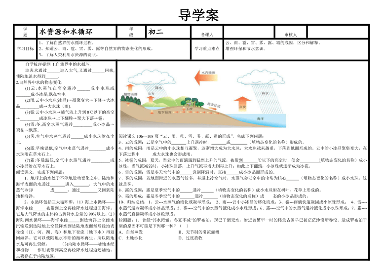 沪粤版八年级上册物理 4.5 水循环和水资源 导学案（无答案）
