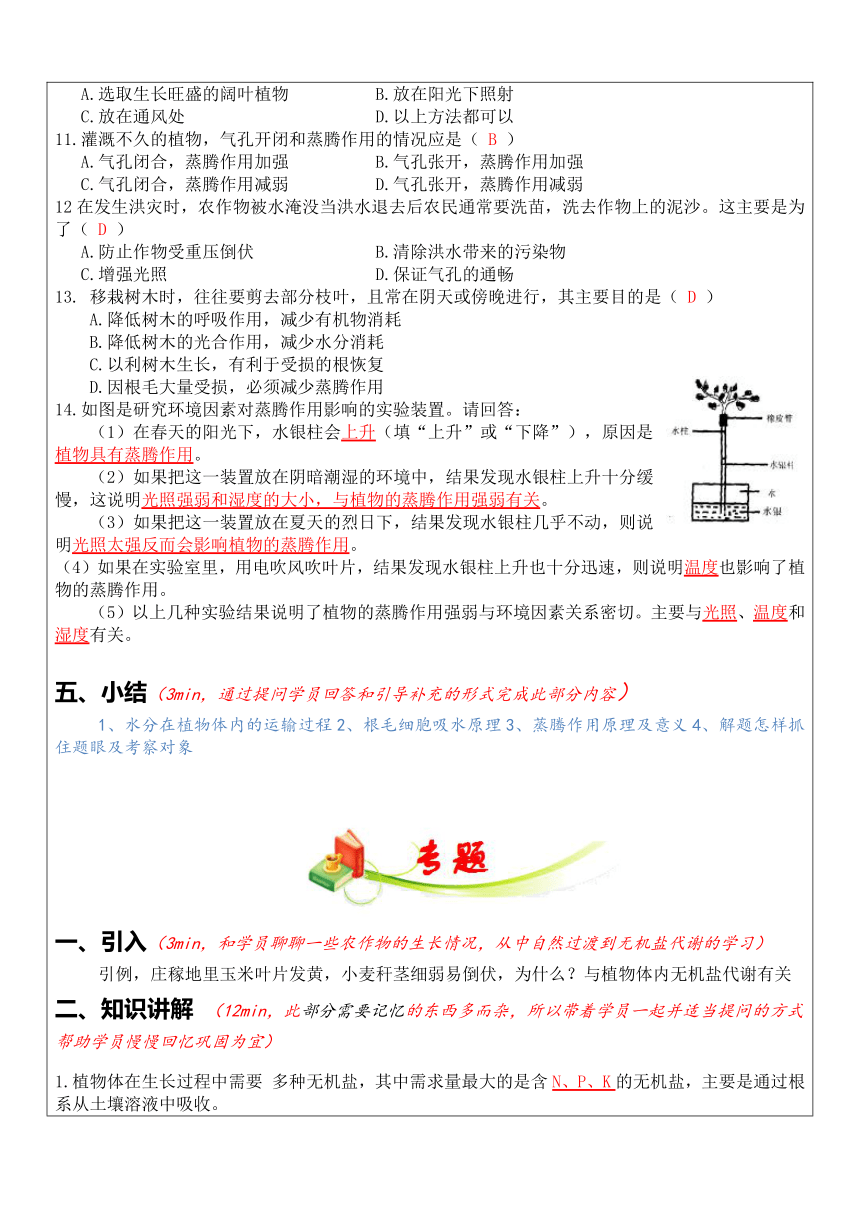 八年级科学专题复习：植物的物质和能量的转化