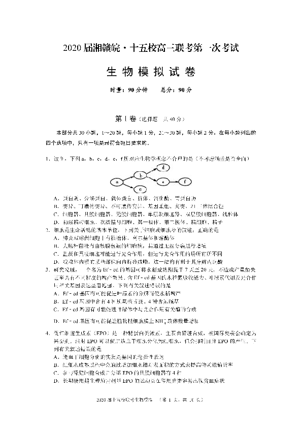 湘赣皖十五校2020届高三下学期第一次联考模拟生物试题（PDF版）