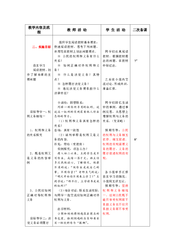 4.2 依法履行义务 教案（表格式）