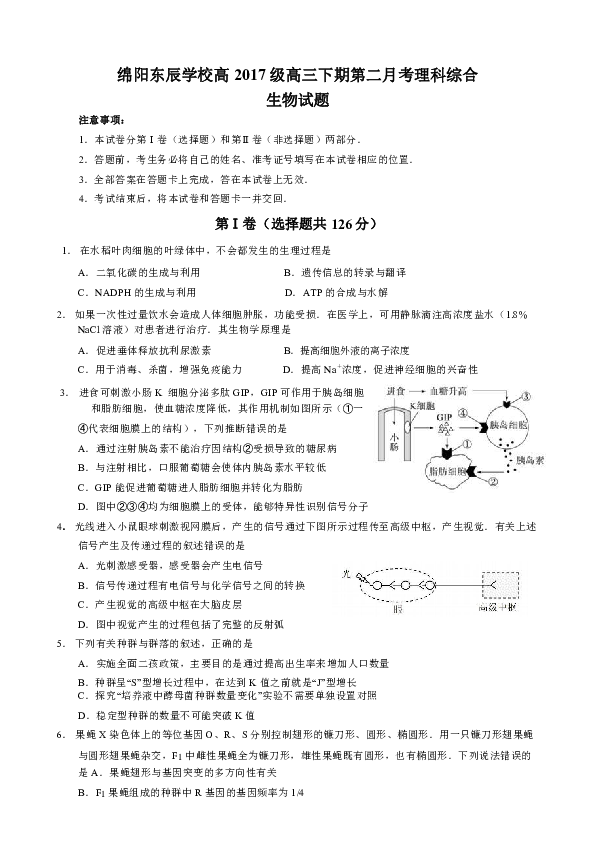 四川省绵阳东辰学校2020届高三下学期第二次月考理科综合生物试题