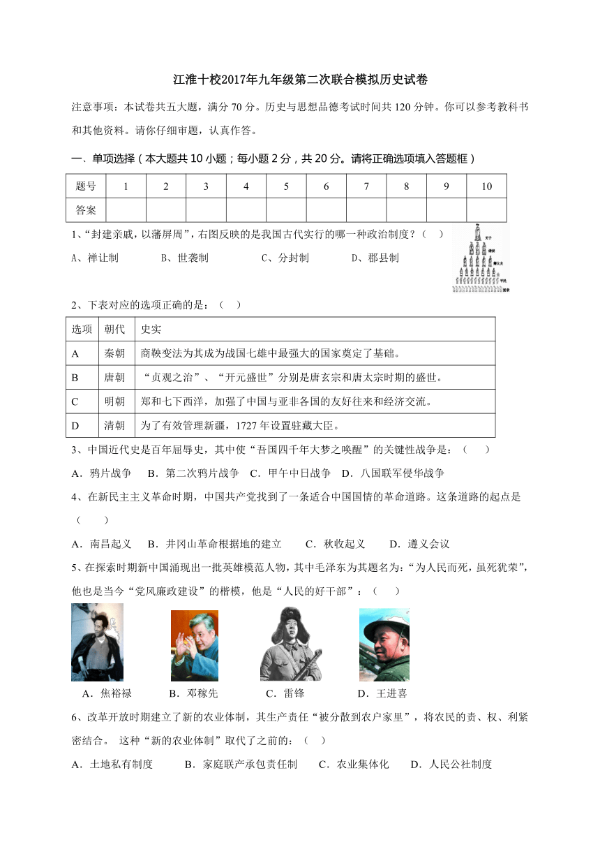 安徽省江淮十校2017届九年级第二次联合模拟历史试题