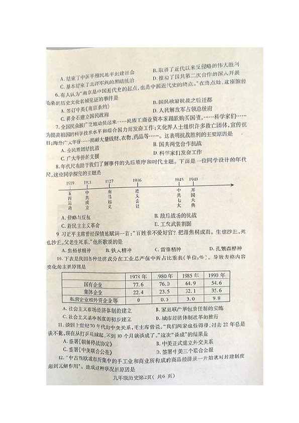 河南省许昌市2018-2019学年第二学期九年级第二次中招模拟考试历史试卷 （图片版含答案）