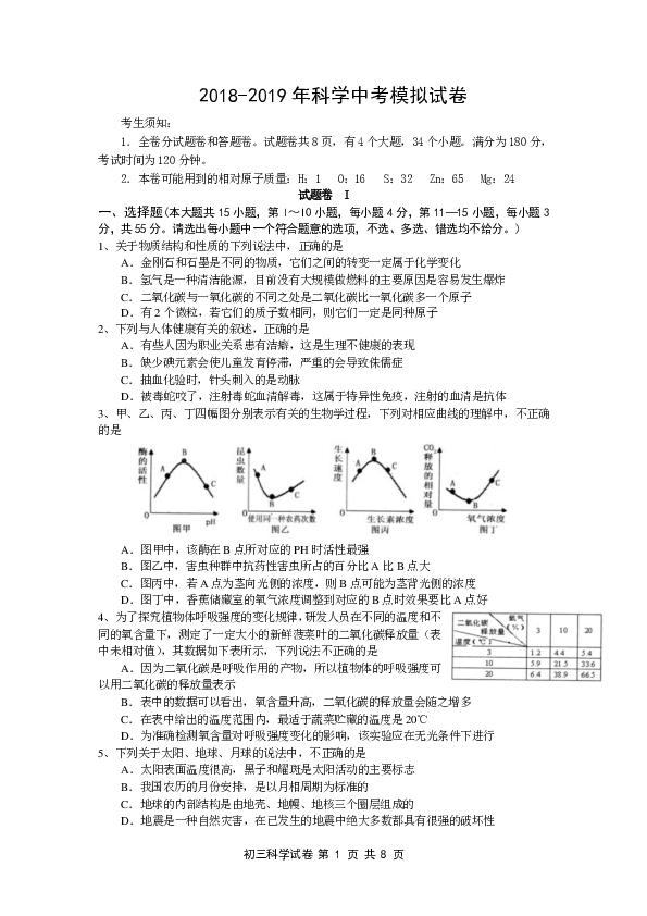 浙江省宁波市区2019年中考科学模拟试卷（PDF版 无答案）
