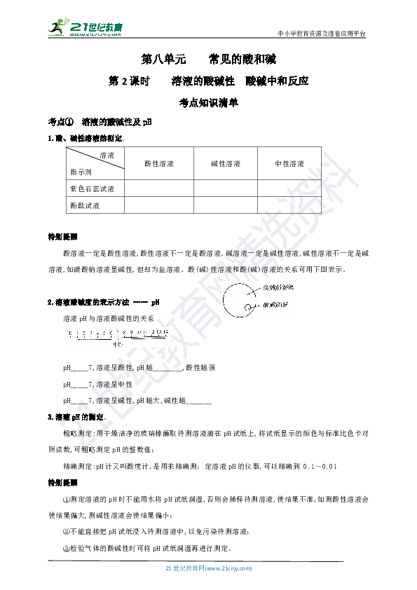 鲁教版（五四制）中考化学一轮复习：第八单元  常见的酸和碱【第2课时 溶液的酸碱性 酸碱中和反应】（考点梳理+中考真题演练）