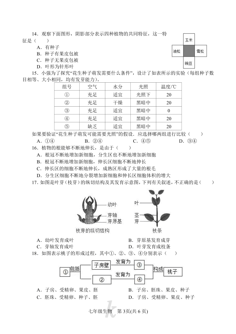 河南省南阳市西峡县2020-2021学年七年级上学期期末考试生物试题（word版含答案）