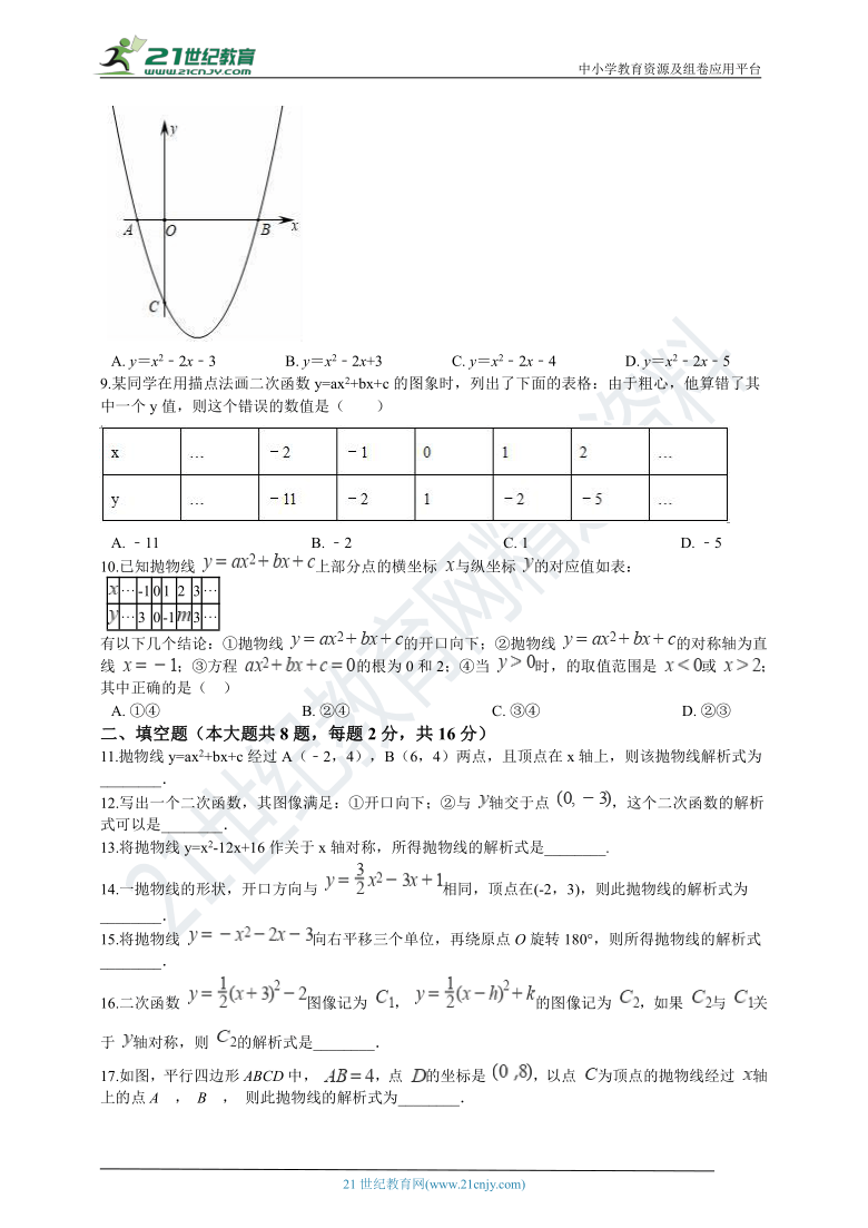 5.3 用待定系数法确定二次函数表达式 同步训练（含解析）