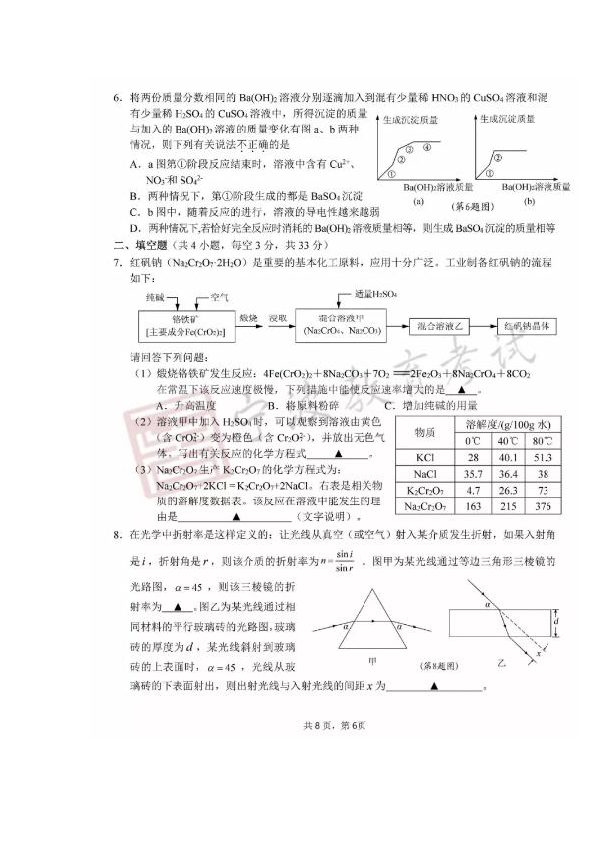 浙江省宁波市2019年普通高中保送生招生综合素质测试科学试题（扫描版含答案）